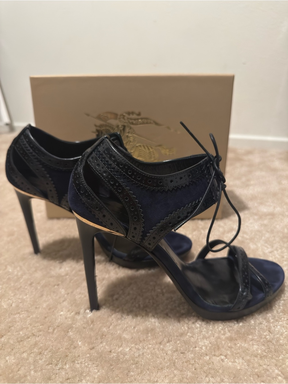 Burberry Navy and Black Suede Lace-Up Stiletto Heels
